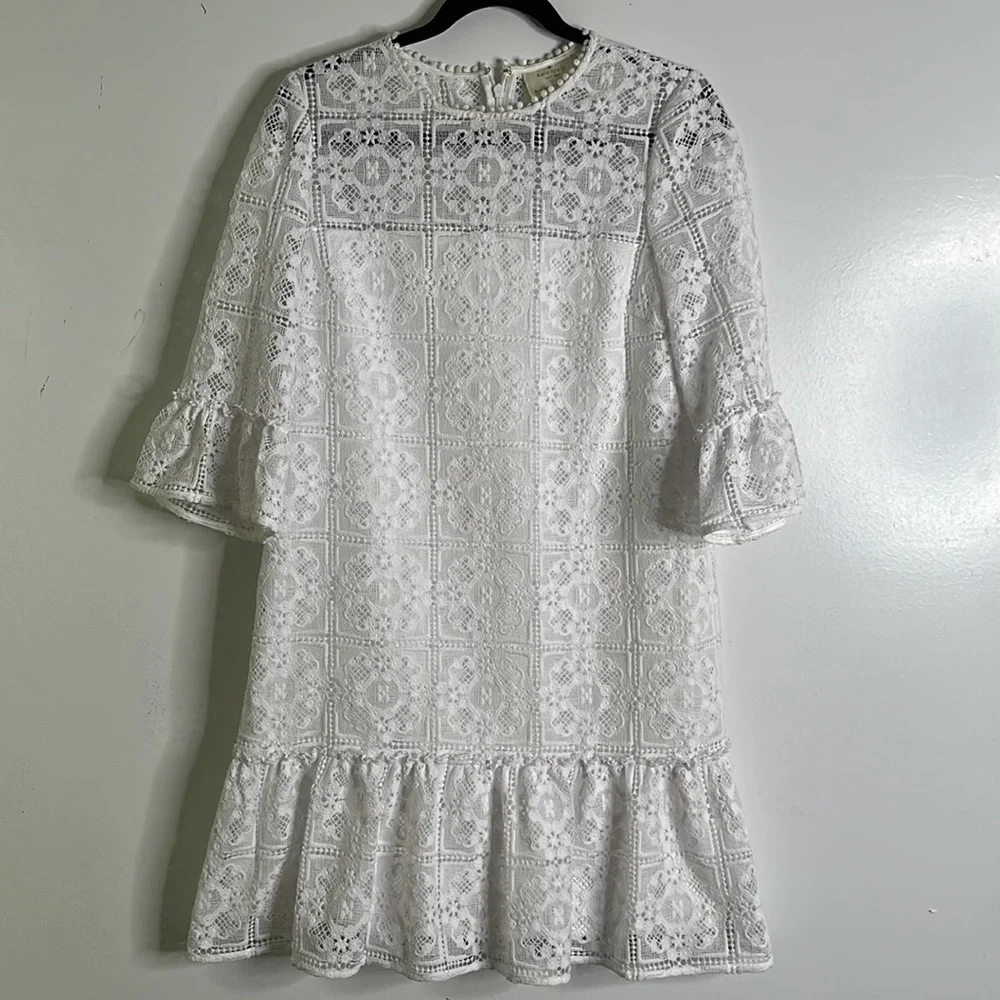 Kate spade Gul pure white lace mini dress raffle hem bell sleeve size 6